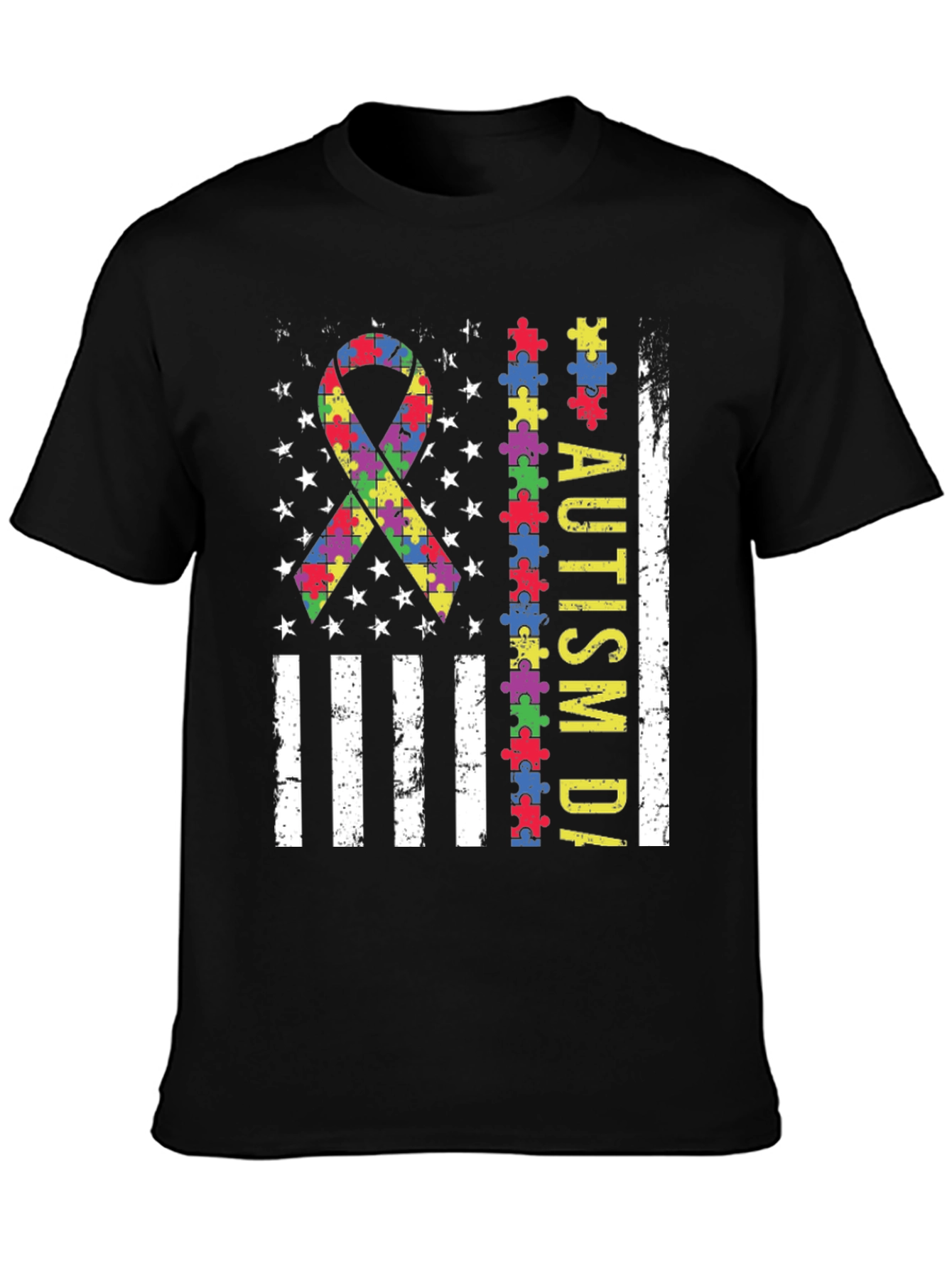 Autism Awareness Puzzle Piece USA Flag T-Shirt