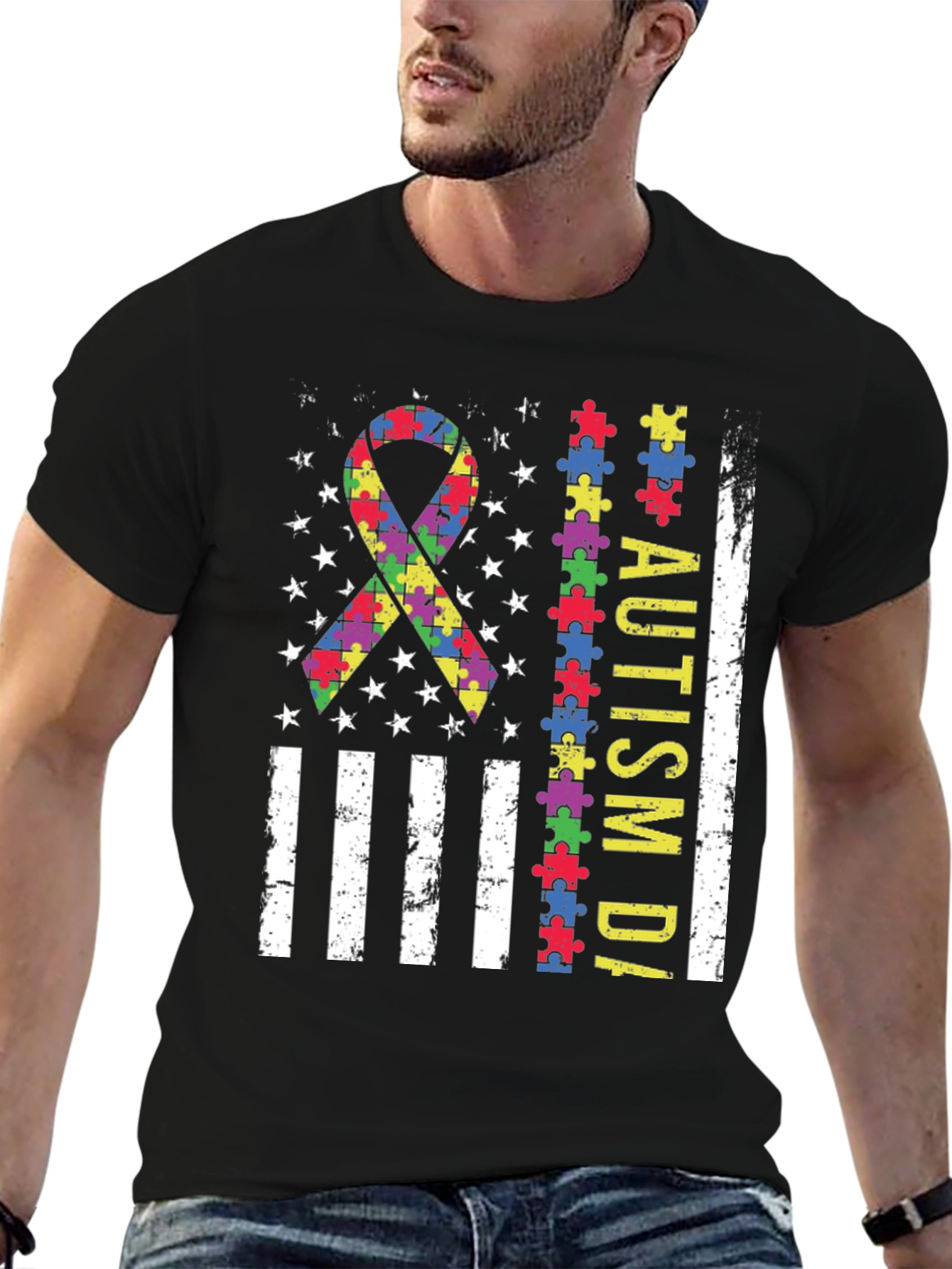 Autism Awareness Puzzle Piece USA Flag T-Shirt