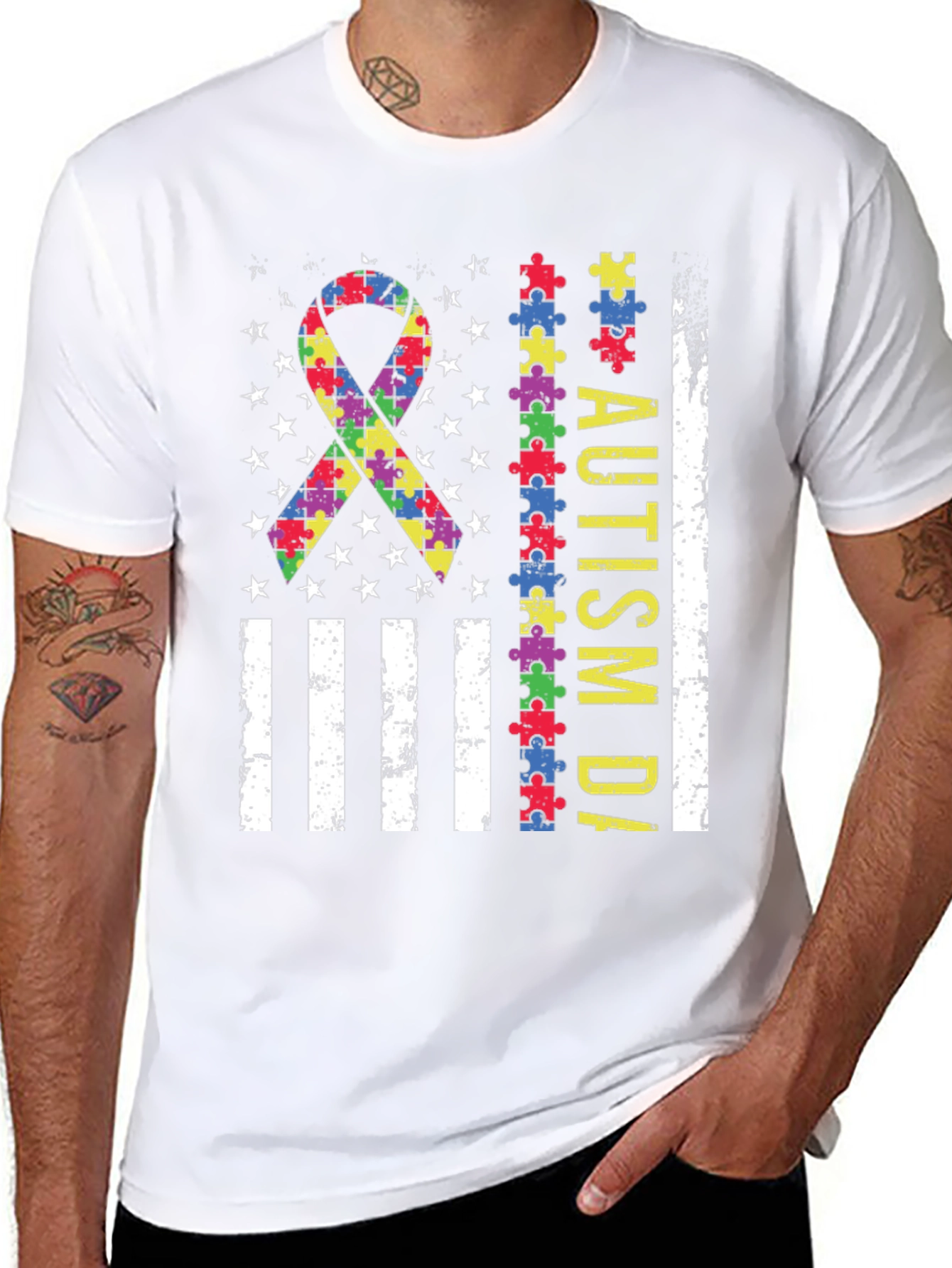 Autism Awareness Puzzle Piece USA Flag T-Shirt