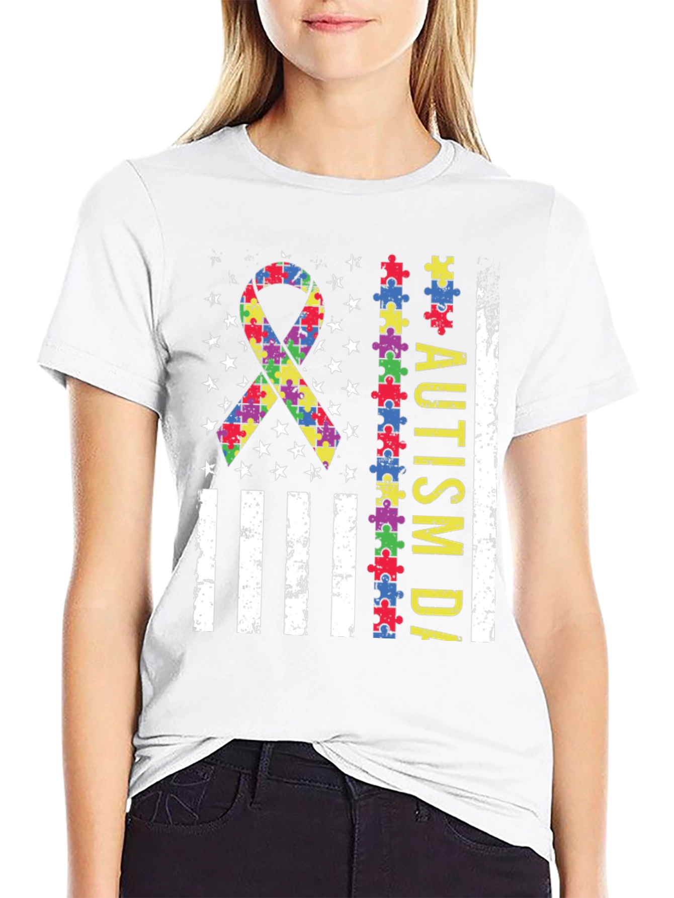 Autism Awareness Puzzle Piece USA Flag T-Shirt