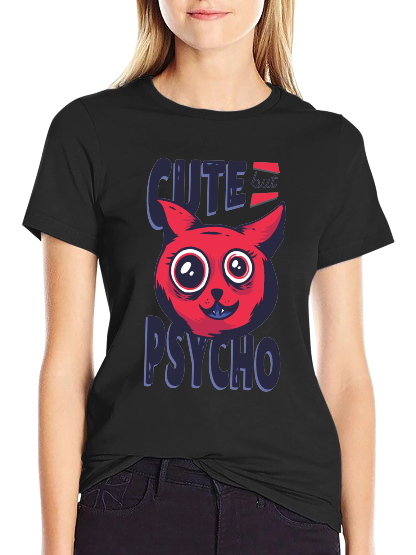Cute But Psycho Cat Graphic Tee - Soft Black Cotton Blend