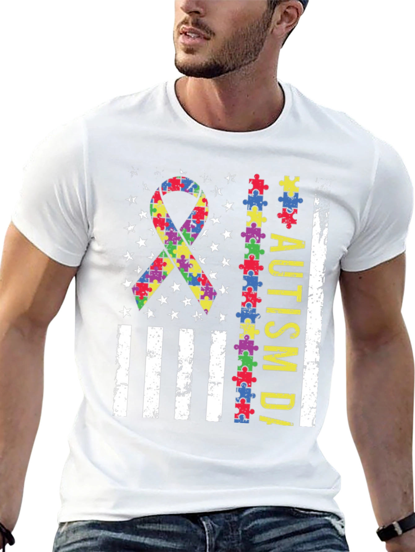 Autism Awareness Puzzle Piece USA Flag T-Shirt