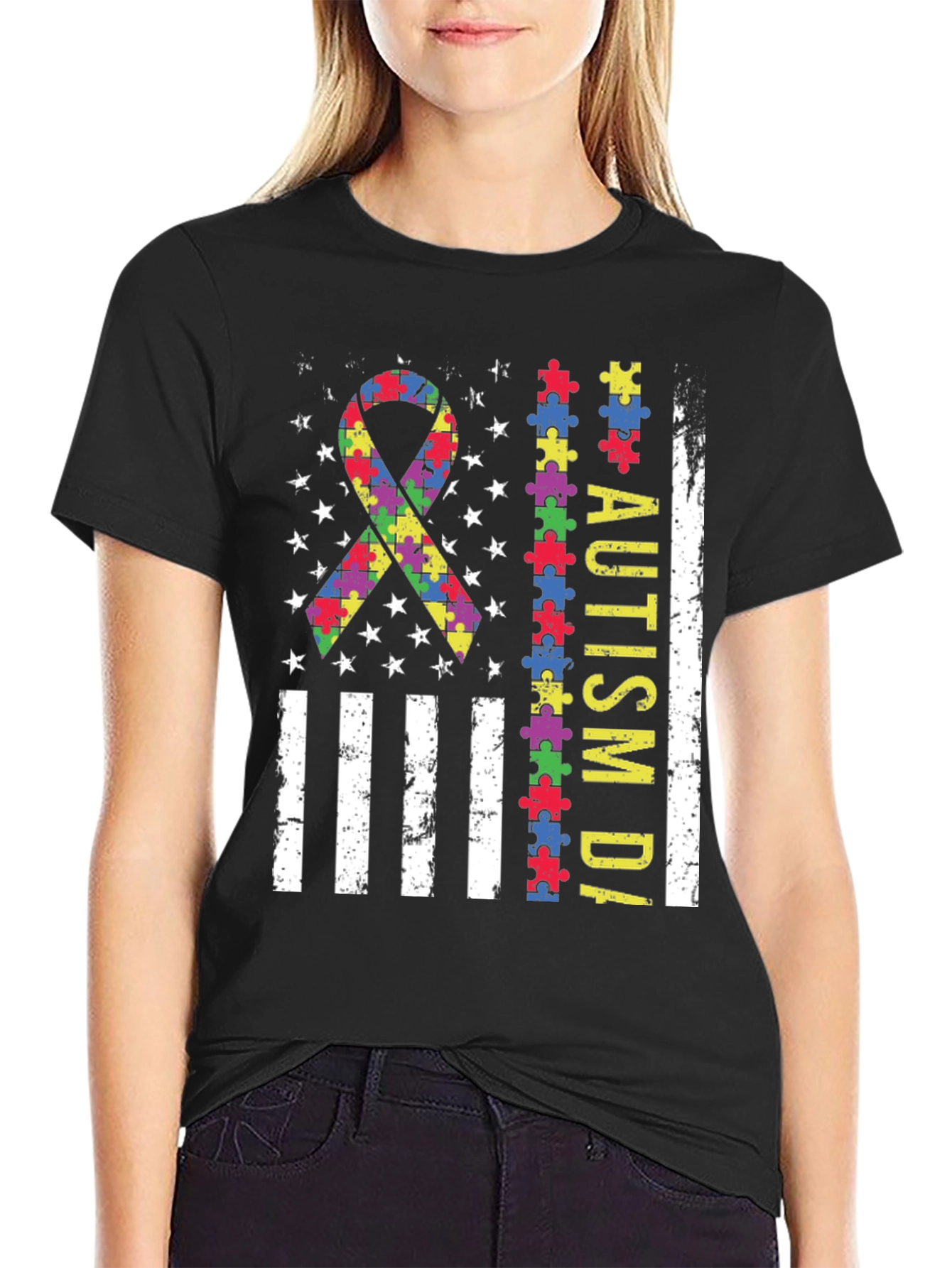 Autism Awareness Puzzle Piece USA Flag T-Shirt